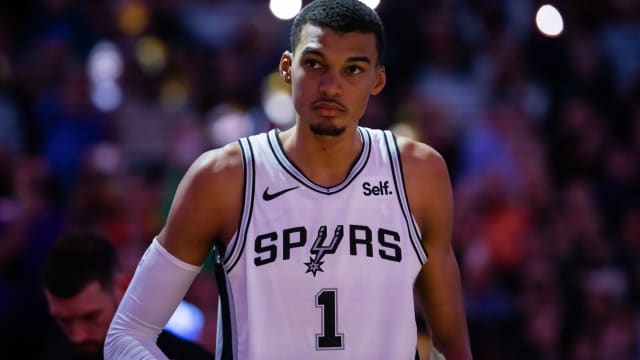 Nov 2, 2023; Phoenix, Arizona, USA; San Antonio Spurs center Victor Wembanyama (1) prior to the game against the Phoenix Suns at Footprint Center.